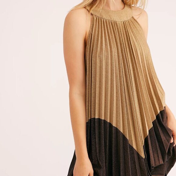 Free People Dresses & Skirts - Free People Pleated Love Mini Dress Gold/Brown Size Small NWT